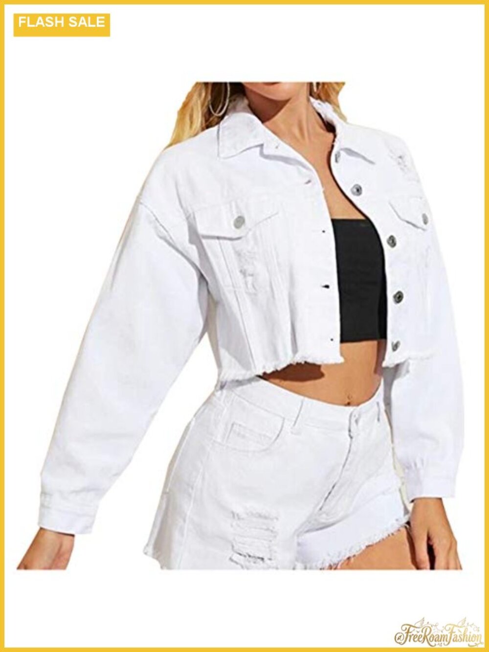 Women Cropped Ripped Distressed Denim Jean Jacket Coat Fringe Frayed Hem
